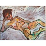 John Bratby, R.A. (British, 1928-1992), Reclining female nude , oil on canvas, signed 'BRATBY' and