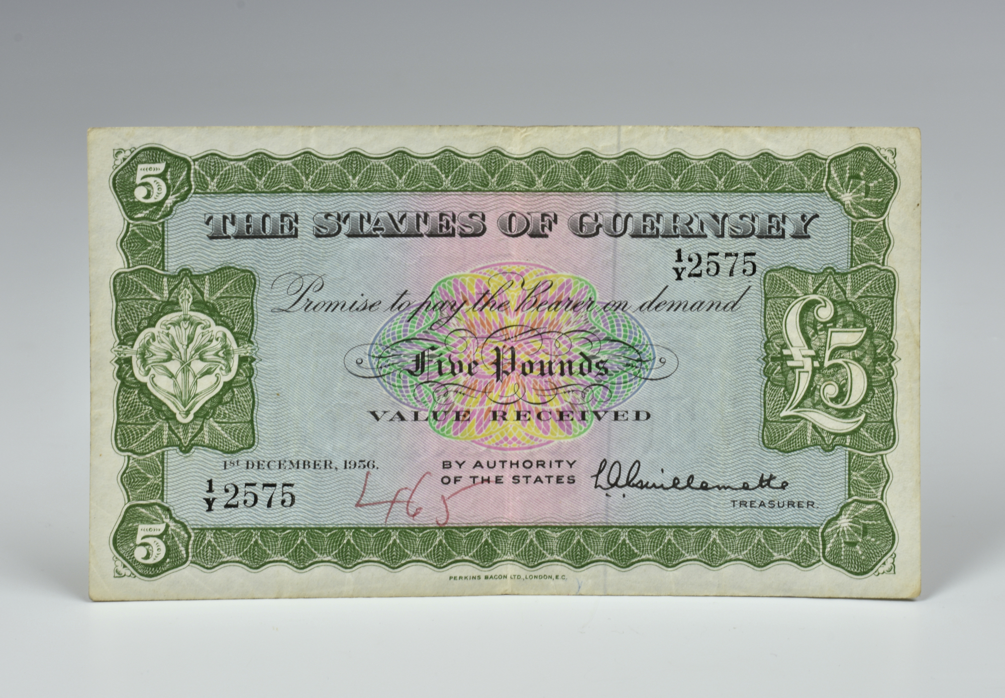 BRITISH BANKNOTE: States of Guernsey £5, States of Guernsey, £5, GN45, 1st December 1956, serial