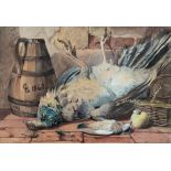 English School (19th century), Still life of a dead peahen and another bird with coopered jug,