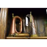 Two copper & brass bugle's,one stamped with makers name 'Hawkes & Son', together with copper & brass