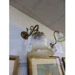 A set of six Art Nouveau style brass and etched glass wall lights,the sinuous, scrolled brass arms