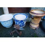 Two oriental plant pots plus one victorian stoneware pot.