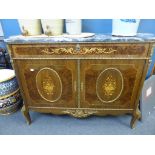 A French walnut and marquetry marble top commode,c1970's, 56in. (142.3cm.) long.