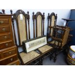 A set of eight carved oak and cane 18th century style dining chairs and footstool (9)