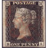 GREAT BRITAIN STAMPS : PENNY BLACK : Plate 5 (RA) four margin example showing horizontal guideline