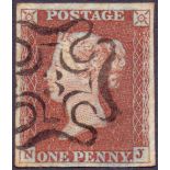 GREAT BRITAIN STAMPS : GB : 1841 Penny Red (NJ), four good to large margins, cancelled by No3 in MX,