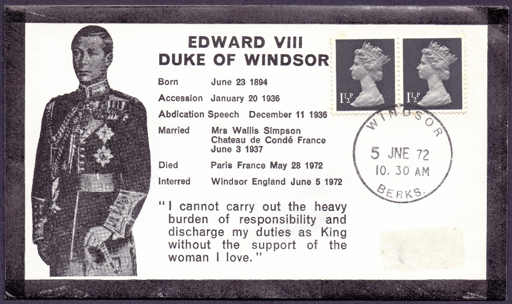 POSTAL HISTORY COVERS : 1972 Edward VIII Funeral mourning cover 5th June 1972 Windsor.