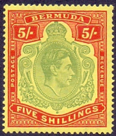 BERMUDA STAMPS : 1938 GVI 5/- Green Red and Yellow perf 14,