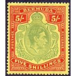 BERMUDA STAMPS : 1938 GVI 5/- Green Red and Yellow perf 14,