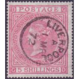 GREAT BRITAIN STAMPS : GB : 1867 5/- Rose plate 1 (GD), great colour,