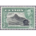 CEYLON STAMPS : 1942 3c Black and deep Blue Green mounted mint with scarce watermark variety "A of