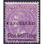 MAURITIUS STAMPS : 1877 1/- on 5/- Bright Mauve, over printed CANCELLED,