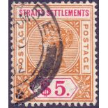 STRAITS SETTLEMENTS 1898 QV $5 Orange and Carmine fine used SG 105 Cat £325