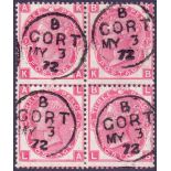 GREAT BRITAIN STAMPS : GB : 1871 3d Rose plate 7 very fine used block of four with "Gort" CDS's