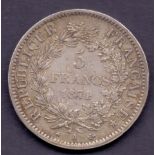 COINS : 1874 5Fr Silver coin "Liberte Egalite Fraternite" 25g