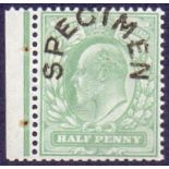 GREAT BRITAIN STAMPS : GB : 1904 1/2d Yellowish Green unmounted mint over-printed with Specimen