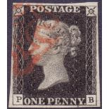 GREAT BRITAIN STAMPS : PENNY BLACK : Un-plated four margin example lettered (PB),