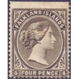 FALKLANDS STAMPS : 1887 QV 4d Grey Black, lightly mounted mint, CROWN TO RIGHT OF CA.