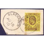 GREAT BRITAIN STAMPS : GB : 1906 3d Purple on Lemon fine used on piece,