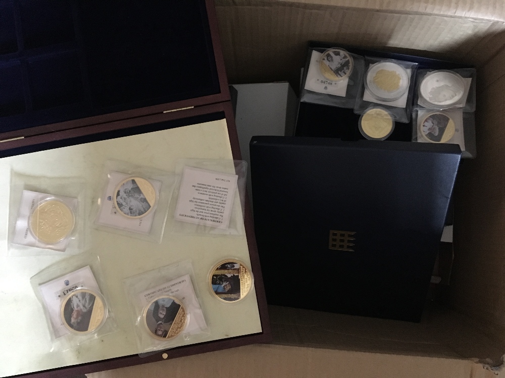 COINS : Various presentation boxes and folders including Crowns etc, some gold plated copper coins,