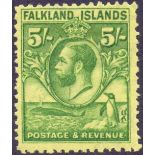 FALKLANDS STAMPS : 1929 GV 5/- Green and Yellow penguin issue,