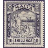 MALTA STAMPS : 1921 GV 10/- Black, very fine mounted mint Multi Scrip CA wmk.