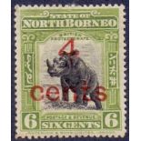 NORTH BORNEO STAMPS : 1916 GV 4c on 6c Black and Olive Green perf 14 1/2 x 15, mounted mint.