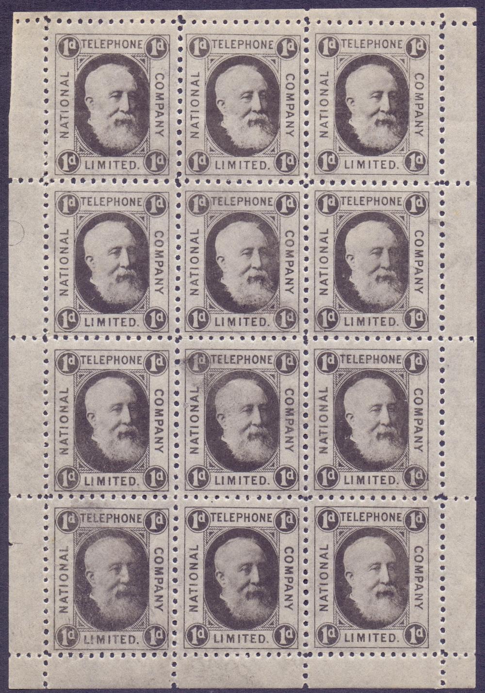 STAMPS : REVENUES : 1884 National Telephone Company complete pane of 1d values,