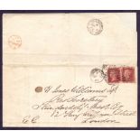 POSTAL HISTORY SHIP LETTER: ROCHESTER, 1865 entire franked with a pair of 1d reds,