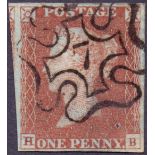 GREAT BRITAIN STAMPS : GB : 1841 1d Penny Red , four margin example cancelled by upright No 7 in MX.