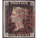 GREAT BRITAIN STAMPS : PENNY BLACK : Plate 1b (KK) superb four margin example cancelled by Red MX,