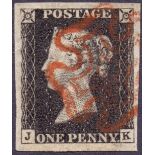 GREAT BRITAIN STAMPS : PENNY BLACK : Plate 4 (JK) superb four margin example cancelled by Red MX,