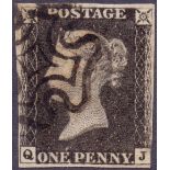 GREAT BRITAIN STAMPS : PENNY BLACK : Un-plated example lettered (QJ),