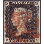 GREAT BRITAIN STAMPS : PENNY BLACK Plate 7 (DL) four margin example cancelled by red MX