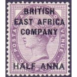 STAMPS : British East Africa 1890 1/2a on 1d Deep Purple, Very fine mounted mint with 1977 BPA Cert,