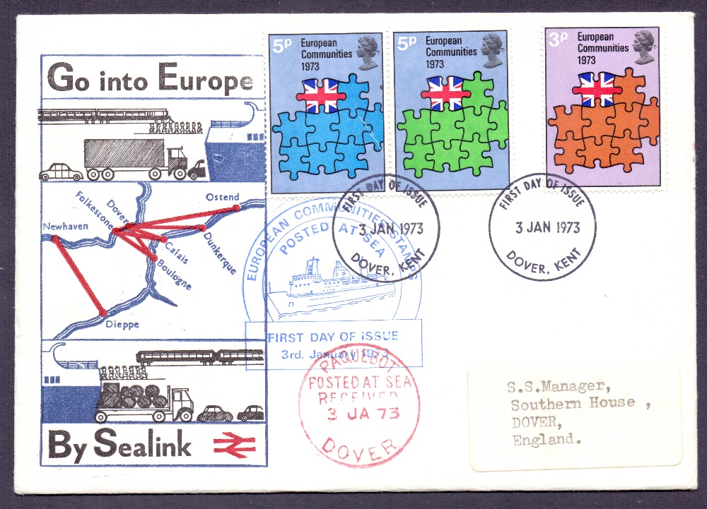 FIRST DAY COVERS : 1973 EEC Official Sealink First Day Cover cancelled by Dover FDI and Paquebot