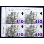 Great Britain Stamps : 1993 £10 top corner block of 4 unmounted mint with Clyinder no 3A