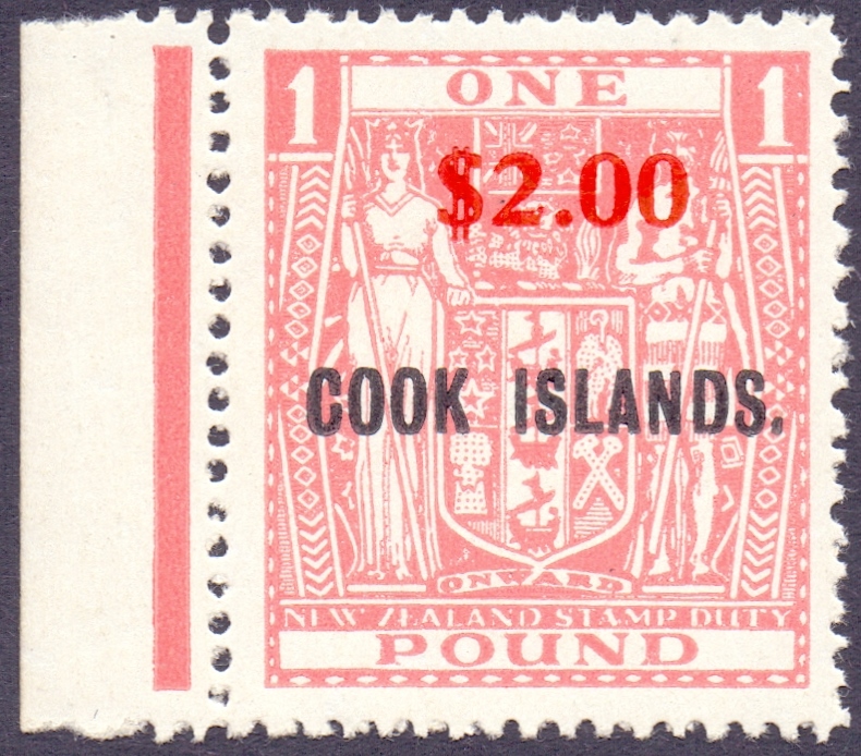 Cook Island 1967 $2 on £1 Pink, superb unmounted mint side marginal,