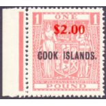 Cook Island 1967 $2 on £1 Pink, superb unmounted mint side marginal,