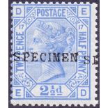 Great Britain stamps: 1880 2 1/2d Blue plate 17, over printed specimen,