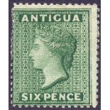 Antigua Stamps : 1884 Queen Victoria 6d Deep Green mounted mint SG 29 Perf 14