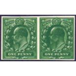 GREAT BRITAIN STAMPS : GB : 1902 1d Plate Proof imperf pair in green on thin white card,