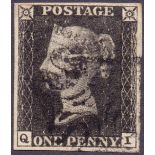 GREAT BRITAIN STAMPS : PENNY BLACK : Plate 6 (QI), fine used four margin example,