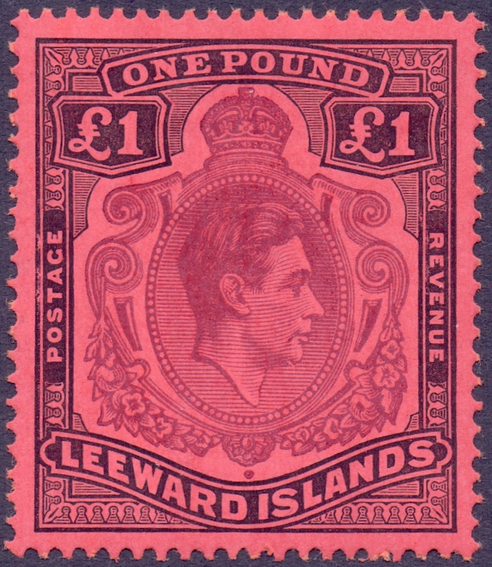 LEEWARD ISLANDS STAMPS : 1938 £1 Brown Purple and Black/Red lightly mounted mint "Gash in Chin" SG