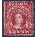 BAHAMAS STAMPS : 1862 QV 1d Lake perf 13, mounted mint with no watermark,