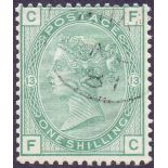 Great Britain stamps : 1876 1/- Green plate 13, superb used cancelled by Steel CDS.