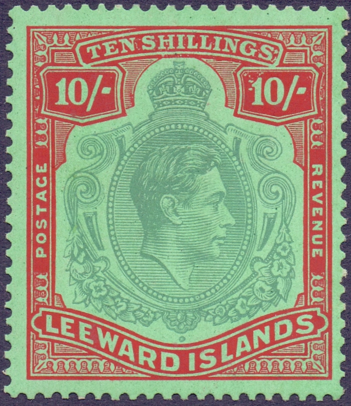 LEEWARD ISLANDS STAMPS : 1938 10/- Bluish green and deep red/green lightly mounted mint showing