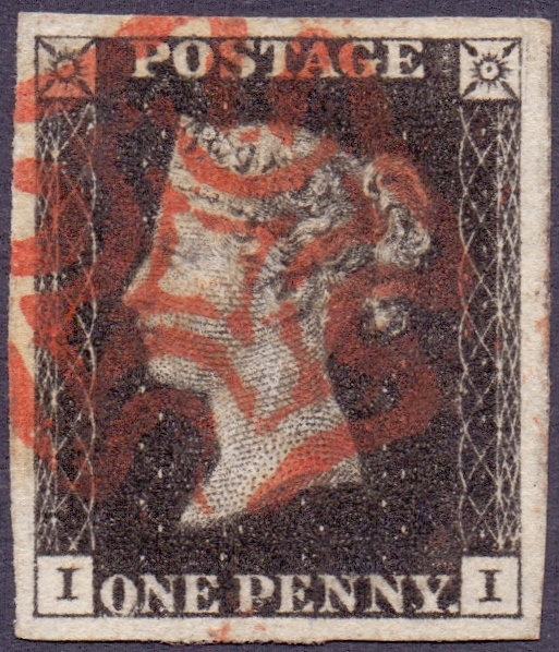 GREAT BRITAIN STAMPS : PENNY BLACK Plate 8 (II) exceptional four margin example cancelled by Red MX,