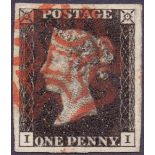 GREAT BRITAIN STAMPS : PENNY BLACK Plate 8 (II) exceptional four margin example cancelled by Red MX,