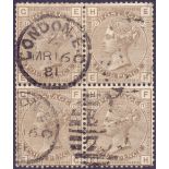 GREAT BRITAIN STAMPS : GB : 1880 4d Grey Brown plate 17 fine used block of four SG 160 Cat £500